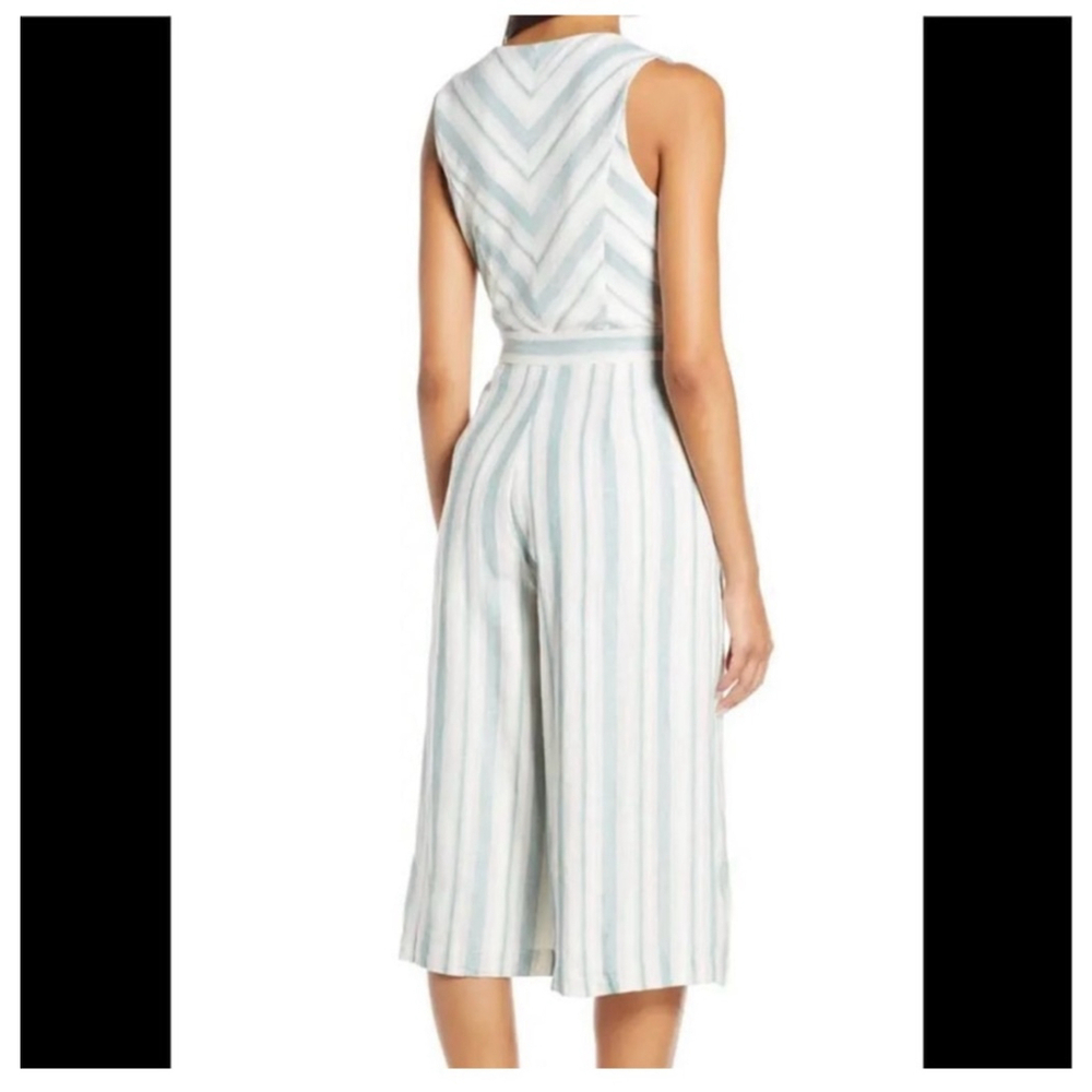 Adelyn Rae Behati Linen Crop Jumpsuit Size M White Blue - Picture 2 of 6